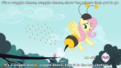 Size: 960x540 | Tagged: safe, edit, edited screencap, screencap, fluttershy, seabreeze, bee, pegasus, pony, g4, it ain't easy being breezies, season 4, animal costume, bee costume, clothes, costume, female, flutterbee, hub logo, image macro, mare, meme, phineas and ferb, song reference