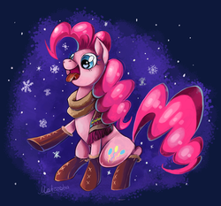 Size: 3174x2955 | Tagged: dead source, safe, artist:matrosha123, pinkie pie, earth pony, pony, g4, boots, catching snowflakes, clothes, female, looking at something, open mouth, scarf, snow, snowfall, snowflake, solo, tongue out