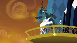 Size: 1280x720 | Tagged: safe, artist:dtkraus, edit, edited screencap, screencap, queen chrysalis, shining armor, changeling, changeling queen, g4, the crystal empire, alternate scenario, epic wife tossing, fastball special, female, horn, horn crystals, male, ship:shining chrysalis, shipping, straight