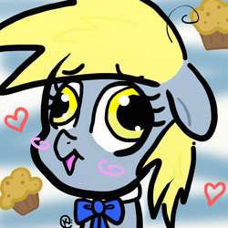 Size: 600x600 | Tagged: safe, artist:madkaichi, derpy hooves, pegasus, pony, g4, bow, female, food, heart, mare, muffin, solo