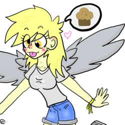 Size: 700x700 | Tagged: safe, artist:madkaichi, derpy hooves, human, g4, female, food, heart, humanized, muffin, solo