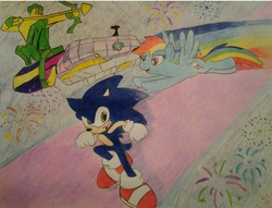 Size: 737x562 | Tagged: safe, artist:outthereotaku, rainbow dash, g4, crossover, male, sonic colors, sonic the hedgehog, sonic the hedgehog (series), starlight carnival, traditional art