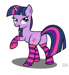 Size: 4588x5000 | Tagged: safe, artist:tim244, twilight sparkle, pony, unicorn, g4, absurd resolution, bedroom eyes, butt, clothes, female, looking at you, looking back, open mouth, plot, raised hoof, simple background, smiling, socks, solo, striped socks, transparent background, underhoof, unicorn twilight, vector