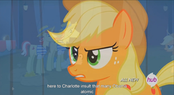 Size: 1394x762 | Tagged: safe, screencap, applejack, flam, flim, silver shill, g4, leap of faith, flim flam brothers, hub logo, meme, youtube caption