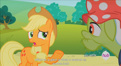 Size: 1394x762 | Tagged: safe, screencap, applejack, granny smith, earth pony, pony, g4, leap of faith, female, freckles, frown, hub logo, mare, meme, youtube caption