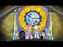 Size: 2000x1500 | Tagged: safe, artist:heedheed, princess cadance, princess celestia, princess luna, shining armor, changeling, semi-anthro, g4, belly, bipedal, clock face, clock tower, collarbone, dancing, frozen (movie), human shoulders, physique difference, scene parody, slender, thin