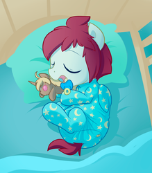 Size: 1671x1904 | Tagged: safe, artist:cuddlehooves, oc, oc only, oc:leon windsong, pony, baby, baby pony, butt flap, crib, cute, diaper, eyes closed, foal, footed sleeper, pacifier, plushie, poofy diaper, sleeping, solo, weapons-grade cute