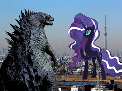 Size: 800x600 | Tagged: safe, artist:kaijualpha1point0, nightmare rarity, kaiju, pony, g4, crossover, fight, giant pony, giantess, godzilla, godzilla (series), godzilla 2014, macro, tokyo