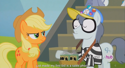 Size: 1394x761 | Tagged: safe, screencap, applejack, silver shill, g4, leap of faith, hub logo, meme, youtube caption