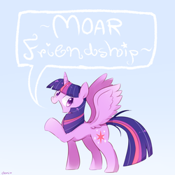 Size: 1300x1300 | Tagged: safe, artist:milkii-ways, twilight sparkle, alicorn, pony, g4, cutie mark, female, gradient background, horn, mare, moar, open mouth, raised hoof, smiling, solo, speech bubble, spread wings, twilight sparkle (alicorn), wings