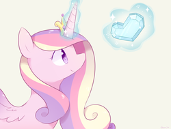 Size: 1000x756 | Tagged: safe, artist:milkii-ways, princess cadance, alicorn, pony, g4, crown, crystal heart, female, glowing horn, horn, magic, simple background, smiling, solo, spread wings, telekinesis, wings