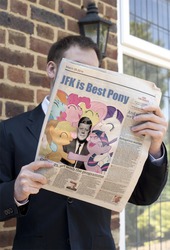 Size: 475x700 | Tagged: safe, edit, applejack, fluttershy, pinkie pie, rainbow dash, rarity, twilight sparkle, human, g4, american presidents, best pony, caption, group hug, hug, irl, irl human, john f. kennedy, mane six, newspaper, photo, photoshop, president, reading