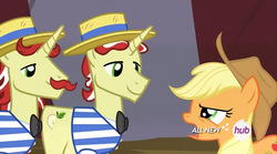 Size: 1280x714 | Tagged: safe, screencap, applejack, flam, flim, g4, leap of faith, my little pony: friendship is magic, all new, flim flam brothers, hub logo, lidded eyes, out of context