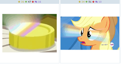 Size: 512x270 | Tagged: safe, applejack, derpibooru, g4, leap of faith, my little pony: friendship is magic, bits, coin, exploitable meme, hub logo, juxtaposition, juxtaposition win, key, meme, meta