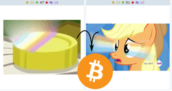 Size: 512x270 | Tagged: safe, applejack, derpibooru, g4, leap of faith, my little pony: friendship is magic, bitcoin, bits, coin, cryptocurrency, exploitable meme, faic, hub logo, juxtaposition, juxtaposition win, meme, meta, rainbow power