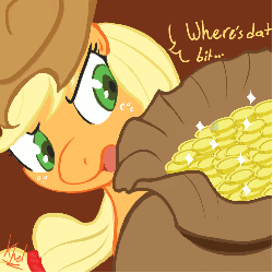 Size: 750x750 | Tagged: safe, artist:kheltari, applejack, earth pony, pony, g4, leap of faith, animated, applejack lost or spent the bit, bag, bits, brown background, dialogue, female, mare, money, neon's bit, pile, scene parody, simple background, solo, sparkles