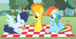 Size: 1024x532 | Tagged: safe, artist:littlecloudie, rainbow dash, soarin', spitfire, g4, backwards cutie mark, messy eating, picnic, pie, that pony sure does love pies