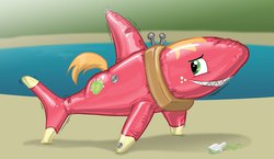 Size: 1172x681 | Tagged: safe, artist:redflare500, big macintosh, earth pony, pony, shark, g4, inanimate tf, inflatable, inflatable shark, male, red inflatable shark, solo, stallion, that was fast, transformation