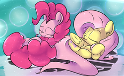Size: 1024x631 | Tagged: safe, artist:madacon, fluttershy, pinkie pie, earth pony, pegasus, pony, g4, duo, duo female, female, lesbian, mare, ship:flutterpie, sleeping