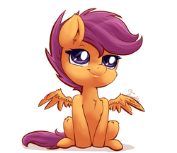 Size: 1500x1300 | Tagged: safe, artist:evehly, scootaloo, pegasus, pony, g4, chest fluff, cute, cutealoo, female, filly, foal, signature, sitting, smiling, solo, spread wings, wings