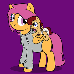 Size: 1280x1280 | Tagged: safe, artist:fillyscoots42, scootaloo, oc, oc:lightning blitz, pegasus, pony, g4, baby, baby pony, colt, diaper, duo, female, foal, male, mother and son, motherly scootaloo, offspring, older, older scootaloo, parent:rain catcher, parent:scootaloo, parents:catcherloo, ponies riding ponies, purple background, riding, simple background
