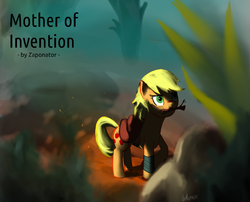 Size: 1280x1035 | Tagged: safe, artist:tehursus, applejack, fanfic:mother of invention, g4, alternate hairstyle, fanfic art, fanfic cover, female, mouth hold, short mane, solo, stick
