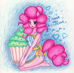 Size: 2320x2304 | Tagged: safe, artist:allymoodyneko, pinkie pie, earth pony, anthro, g4, ambiguous facial structure, apron, clothes, cupcake, female, food, heart, high res, naked apron, solo