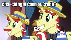 Size: 1280x717 | Tagged: safe, edit, edited screencap, screencap, flam, flim, silver shill, g4, leap of faith, my little pony: friendship is magic, caption, cute, flamabetes, flim flam brothers, flimabetes, grin, happy, wingding eyes