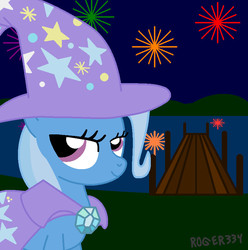 Size: 870x878 | Tagged: safe, artist:roger334, trixie, pony, unicorn, g4, cape, clothes, female, fireworks, hat, mare, night, solo, trixie's cape, trixie's hat