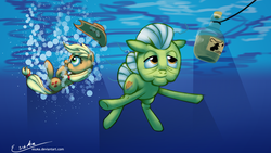 Size: 1920x1080 | Tagged: safe, artist:esuka, applejack, granny smith, g4, leap of faith, album cover, nevermind, nirvana, parody, spencer elden, underwater