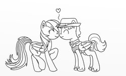 Size: 1384x834 | Tagged: safe, artist:godzelda123, artist:lordjeremy55, rainbow dash, oc, oc:storm chaser, g4, boop, canon x oc, cute, eyes closed, hat, heart, male, monochrome, noseboop, nuzzling, raised hoof, raised leg, shipping, smiling, straight, trilby