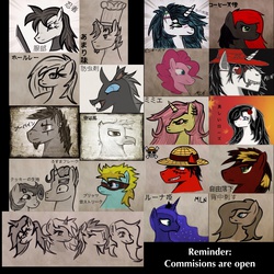 Size: 4096x4096 | Tagged: safe, artist:mylittleninja, artist:strangerdanger, princess luna, oc, oc:backy, oc:brann flakes, changeling, griffon, g4, absurd resolution, alucard, commission, cookie, hellsing, monkey d. luffy, portfolio