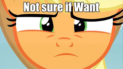 Size: 1280x717 | Tagged: safe, screencap, applejack, g4, leap of faith, caption, female, image macro, meme, not sure if want, reaction image, solo