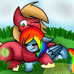 Size: 894x894 | Tagged: safe, artist:sunniedoodles, big macintosh, rainbow dash, earth pony, pony, g4, blushing, cuddling, cute, eyes closed, female, hug, lying, male, mare, ship:rainbowmac, shipping, smiling, snuggling, stallion, straight, wink