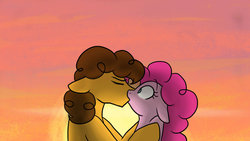 Size: 1024x576 | Tagged: safe, artist:riquis101, cheese sandwich, pinkie pie, g4, eyes closed, female, floppy ears, kissing, male, ship:cheesepie, shipping, shocked, straight, sunset, surprise kiss, surprised