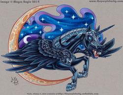 Size: 965x745 | Tagged: safe, artist:mayra boyle, nightmare moon, g4, fangs, female, hoers, realistic, solo, traditional art