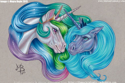 Size: 1095x730 | Tagged: safe, artist:mayra boyle, princess celestia, princess luna, horse, g4, crying, eye contact, floppy ears, realistic, smiling, traditional art