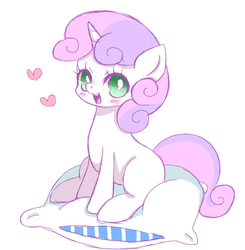 Size: 500x510 | Tagged: safe, artist:yuzuko, sweetie belle, pony, unicorn, g4, blank flank, blushing, cute, diasweetes, female, filly, heart, open mouth, pillow, pixiv, simple background, solo, white background