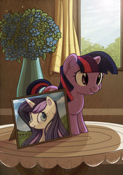 Size: 1024x1463 | Tagged: safe, artist:locksto, artist:meaninglessspine, twilight sparkle, oc, pony, g4, flower, picture, picture frame, plushie, smiling, table, twilight sparkle plushie, window