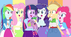 Size: 4190x2201 | Tagged: safe, artist:lucy-tan, applejack, fluttershy, pinkie pie, rainbow dash, rarity, spike, twilight sparkle, dog, equestria girls, g4, clothes, humane five, humane six, skirt, spike the dog, tongue out