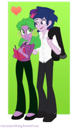 Size: 1186x1942 | Tagged: dead source, source needed, safe, artist:jaquelindreamz, spike, twilight sparkle, equestria girls, g4, barb, blushing, book, dusk shine, equestria guys, female, heart, human spike, male, rule 63, ship:barbshine, ship:twispike, shipping, shoulderless, smiling, straight