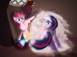Size: 1890x1417 | Tagged: safe, artist:sugaryoshi, pinkie pie, twilight sparkle, fighting is magic, g4, fight, party cannon