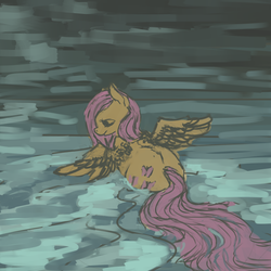 Size: 1500x1500 | Tagged: safe, artist:celestiawept, fluttershy, g4, female, looking down, melancholy, rear view, solo, spread wings, water