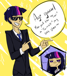 Size: 1338x1512 | Tagged: safe, artist:annie-aya, twilight sparkle, human, g4, clothes, dialogue, duo, dusk shine, female, flirting, humanized, male, rule 63, self ponidox, selfcest, ship:dusktwi, shipping, straight, suit, sunglasses