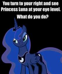 Size: 450x532 | Tagged: source needed, safe, princess luna, alicorn, pony, g4, bronybait, caption, female, mare, meme, question, simple background, solo, what do