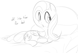 Size: 838x571 | Tagged: safe, artist:dotkwa, fluttershy, pegasus, pony, g4, bed, dialogue, female, folded wings, grayscale, inviting, looking sideways, lying down, mare, monochrome, open mouth, prone, sketch, solo, turned head, wings