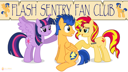 Size: 3840x2160 | Tagged: safe, artist:flashlighthouse, flash sentry, sunset shimmer, twilight sparkle, alicorn, pegasus, pony, unicorn, g4, banner, bedroom eyes, female, flash sentry gets all the mares, flashlightshimmer, high res, male, ship:flashimmer, ship:flashlight, shipping, straight, this will end in tears, twilight sparkle (alicorn)