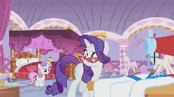Size: 960x540 | Tagged: safe, screencap, rarity, sweetie belle, for whom the sweetie belle toils, g4, animated, bed, carousel boutique, clothes, dress, fabric, female, glasses, magic, mannequin, scissors, self-confidence, sewing machine, telekinesis