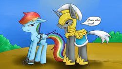 Size: 1191x670 | Tagged: safe, artist:skywarriorstare, rainbow dash, g4, angry, arrested, bound wings, chains, duo, royal guard, shackles