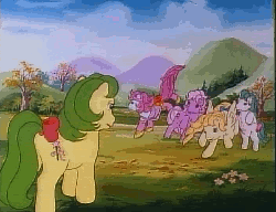 Size: 702x540 | Tagged: safe, screencap, cupcake (g1), lickety-split, lofty, magic star, truly, g1, my little pony 'n friends, pony puppy, animated, dream valley, female, frolic, hill, leadership, meadow, tracksuit
